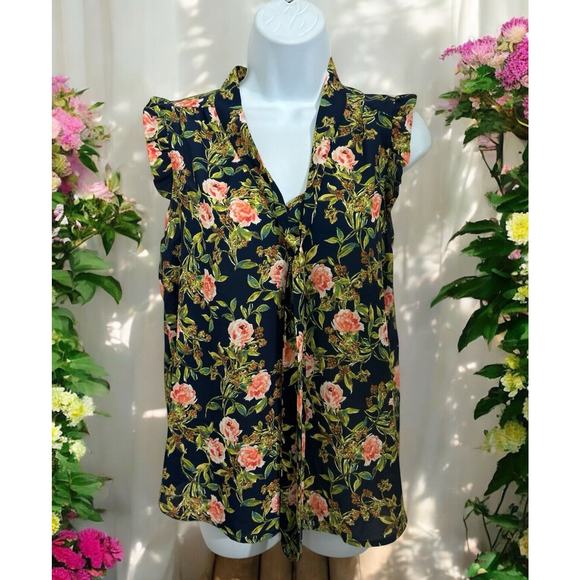 Sweet Rain Floral Sleeveless Blouse Sz M V-Neck Tie Relaxed Fit Round Hem Top - Picture 1 of 6